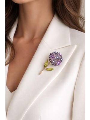 Modex Altın Sarısı Taşlı Mor Çiçek Demeti Broş (6cm)