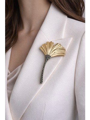 Modex Taş Detay Altın Yaprak Özel Tasarım Broş (10CM)