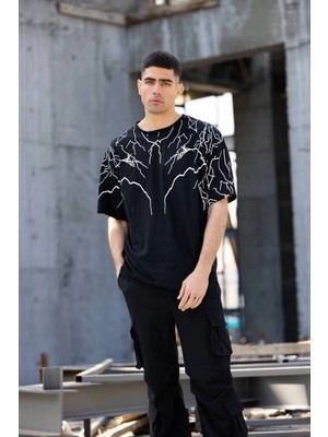 Unisex Bisiklet Yaka Baskılı Oversize T-Shirt - Siyah