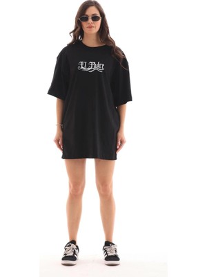 Unisex Bisiklet Yaka Baskılı Oversize T-Shirt - Siyah