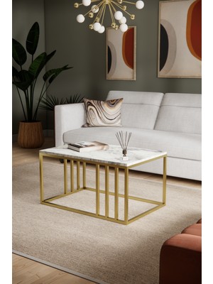 Solto Home SC19- 25 Altın Metal Beyaz Mermer Desen Raf Tasarım Orta Sehpa | Modern Oturma Odası