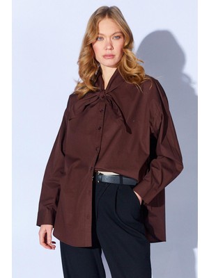 Tena Kadın Kahve Kendinden Kurdele Detaylı Poplin Gömlek