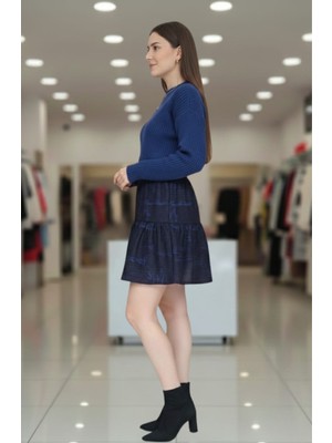 Süet Kadife Cepsiz Yazı Desenli Lastikli Mini Kadın Şort Etek