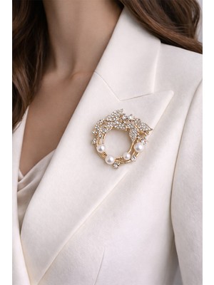 Modex Altın Sarısı Inci Detay Taşlı Kelebekler Broş (4cm)