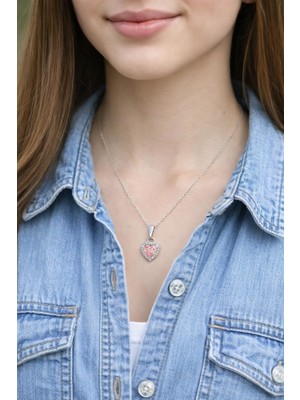 New Obsessions Paslanmaz Çelik Gümüş Renk Pembe Taşlı Sevgiliye Kalbim Kolye
