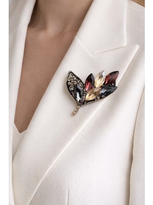 Modex Altın Sarısı Mekik Taşlı Yaprak Formunda Broş (4cm)