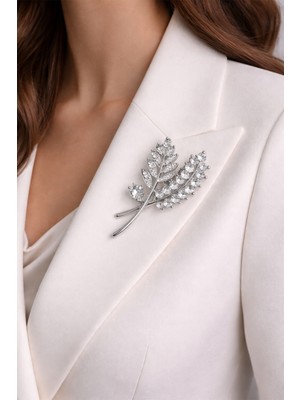 Modex Gümüş Rengi Taş Detay Yaprak Broş (6cm)