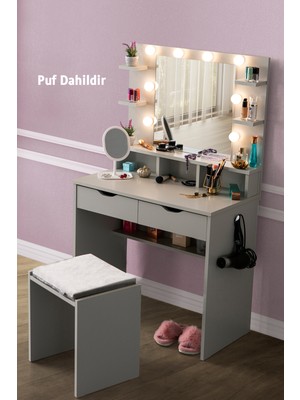 PremiumPort Şık Hollywood LED Aynalı Çekmeceli Makyaj Masası ve Oturma Pufu Seti
