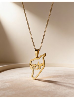 Zaytoon Suriye Haritası Içinde Arapça Paslanmaz Altın Kaplamalı Zinciri Unisex Kolye J300028