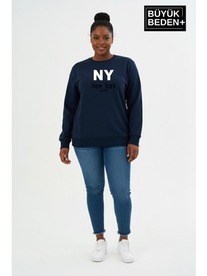 Superlife Kadın Büyük Beden Ny Newyork Baskılı Bisiklet Yaka Ince Sweatshirt SPR26BSWK956-15