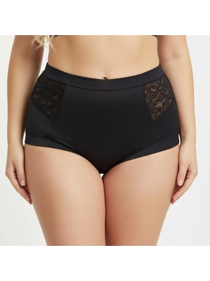 Bonbon Kadın Büyük Beden Yüksek Bel Saten Kumaş Dantelli Siyah Renk Külot BB2194