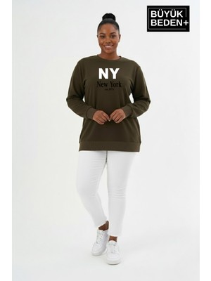 Superlife Kadın Büyük Beden Ny Newyork Baskılı Bisiklet Yaka Ince Sweatshirt SPR26BSWK956-15
