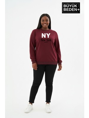 Superlife Kadın Büyük Beden Ny Newyork Baskılı Bisiklet Yaka Ince Sweatshirt SPR26BSWK956-15