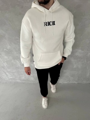 Uzun Kol Kapüşonlu Göğüs Baskılı Sweatshirt - Beyaz