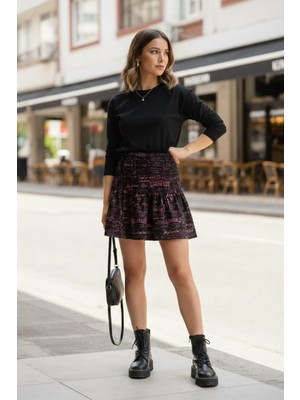 Maksen Tekstil Süet Kadife Cepsiz Yazı Desenli Lastikli Mini Kadın Şort Etek