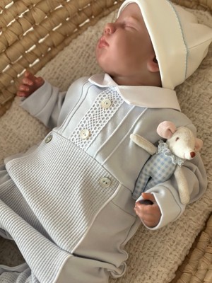 Florije Baby %100 Pamuk Klasik Pointed Yakalı Bebek Tulum – Mavi & Bej | 0-9 Ay | Alttan Çıtçıtlı