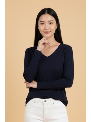 Evolaria Kadın V Yaka Lacivert Viskon Bluz