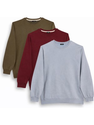 Tudors Erkek 3'lü Haki-Bordo-Gri Relax Fit Rahat Kesim %100 Pamuk 2 Iplik Bisiklet Yaka Sweatshirt