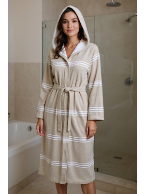 DNRYSL %100 Doğal Pamuk, Yumuşak Dokulu Unisex Kapüşonlu Peştemal Bornoz, Banyo ve Plaj Bornozu