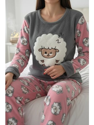 Gülseli Kadın Bisiklet Yaka Baskılı Polar Pijama Takımı P-00020344