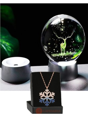 PremiumPort Geyik Temalı 3D LED Işıklı Cam Küre ve Mavi Kartanesi Kolye