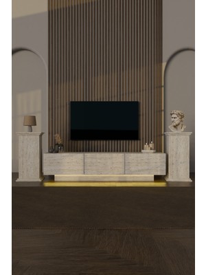 PremiumPort Modern LED Işıklı 190CM Tv Ünitesi, Yanları Kitaplıklı ve 3 Kapaklı