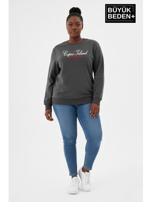 Superlife Kadın Büyük Beden  Capri Island Baskılı Bisiklet Yaka Ince Sweatshirt SPR26BSWK956-14