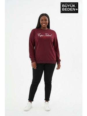 Superlife Kadın Büyük Beden  Capri Island Baskılı Bisiklet Yaka Ince Sweatshirt SPR26BSWK956-14