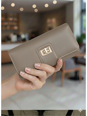 Purpleart Kadın Bej Kilit Kapamalı Büyük Boy Yatay Cüzdan 10X16CM