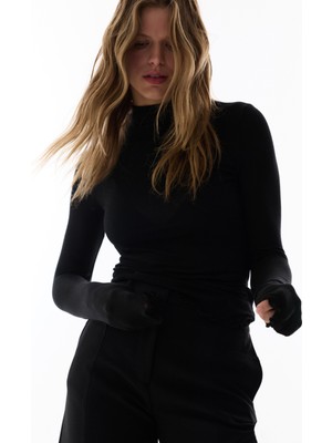 Penti Siyah Kaşmir Dik Yaka Uzun Kollu Üst