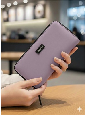 Purpleart Kadın Lila Yazılı Fermuar Polo Armalı Büyük Boy Yatay Cüzdan 10X20CM