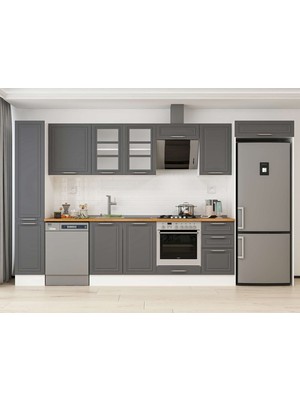 Alvinka 365X222 cm Klasik Mebran Mutfak Dolabı MBB-E80B40S45-3 Antrasit - Suntalam