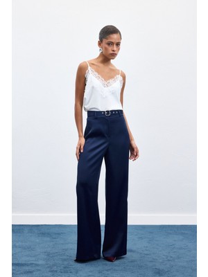 Sateen Kemer Detaylı Saten Pantolon - Lacivert