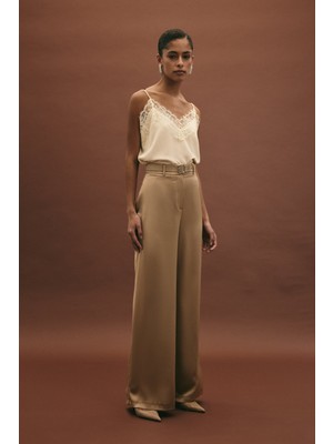 Sateen Kemer Detaylı Saten Pantolon - Vizon