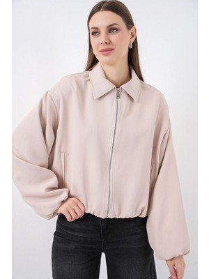 Hiccup Kadın Bdart Gabardin Fermuarlı Bomber Ceket Krem Doğal