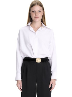 Elun Mavi Gold Düğme Detaylı Oversize Gömlek