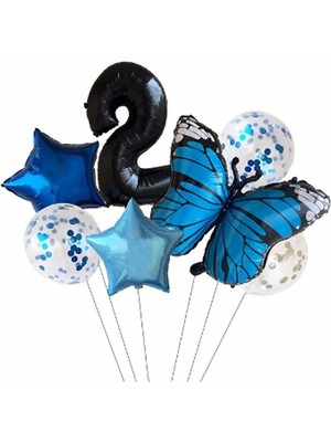 İstoç Parti Mavi Kelebek Balon Set Yıldız Balon Folyo Set Doğum Günü Set Yaş 2