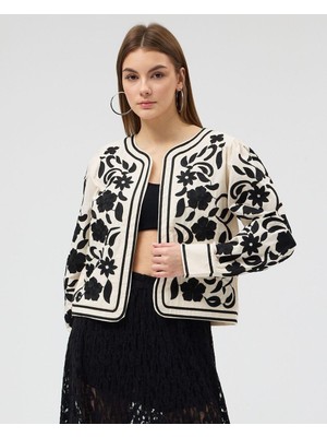 Septemmart Siyah Floral Nakışlı %100 Pamuk Ekru Bohem Ceket Hırka