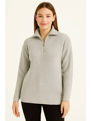 Hiccup Kadın Janes Fermuarlı Yakalı Fitilli Örgü Kazak Gri