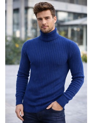 Erkek Balıkcı Yaka Bağazlı Triko Kazak Pamuklu Kalın Fitilli Dokuma, Regular Fit Uzun Kollu Kışlık Model - Indigo