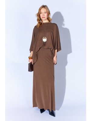 Tena Kadın Kahve 172 Düşük Kol Bluzlu Uzun Pike Modal Etekli Takım