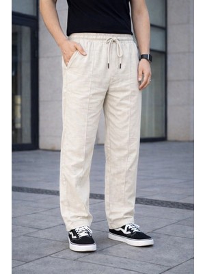 Erkek Keten Cepli Çıma Dikişli Jogger Buggy Pantalon Rahat Kalıp - Krem