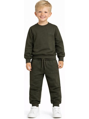 Zepkids Bisiklet Yaka Yazı Baskılı Haki Renk Erkek Çocuk Eşofman Takımı