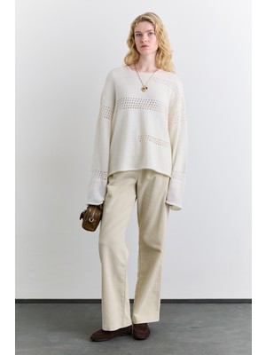 Manuka Ajur Örgü Triko Kazak Ekru