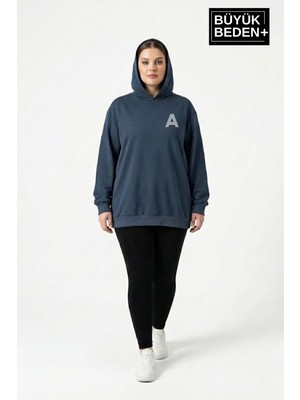 Superlife Kadın Büyük Beden Kapşonlu A Baskılı Ince Swatshırt SPR26BSWK957-12