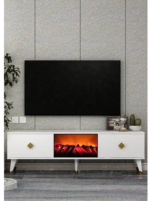 Demonte Decor TV0053-TXA150DD-1 Şömineli Tv Sehpası Beyaz-Altın Kulp