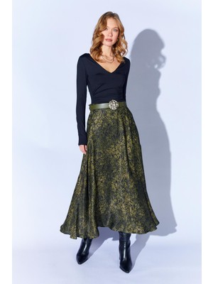 Tena Kadın Yeşil 3499 Beli Kemerli Saten Uzun Etek