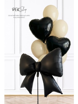 Pekshop Siyah Fiyonk ve Kalp Folyo Balonlu Deniz Kumu Balon Seti