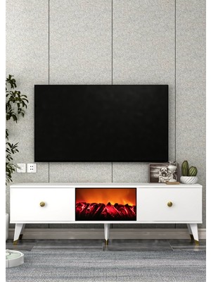 Demonte Decor TV0052-TXA150DD-1 Şömineli Tv Sehpası Beyaz-Altın Kulp