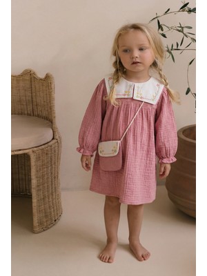 Magu Kız Çocuk Pamuklu Müslin Pembe Nakışlı Gömlek Yaka Elbise